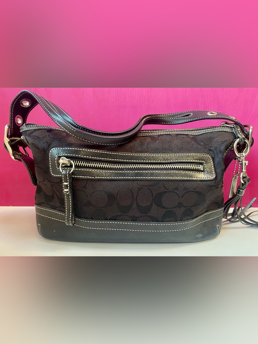 Coach Black Signature Purse, Leather and Fabric Shoulder Bag